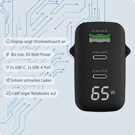 Ansmann 3-Port USB Schnellladegerät, intelligente Ladesteuerung, bis zu 65 W - Schwarz