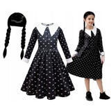 Festivalartikel Kostüm Wednesday Addams Kostüm Verkleidung Girl Schwarz Black Kleid + Perücke