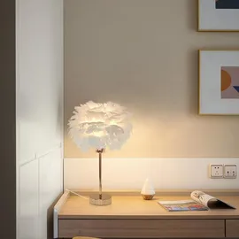 kuop Nachttisch lampe Moderne Tischleuchte E27 Schlaflicht Kinder Nachtlicht Warmweiß Federlampe Künstliche Federn Flauschige Dekolampe für Schlafzimmer Wohnzimmer Room Decor, 30cm x 38cm