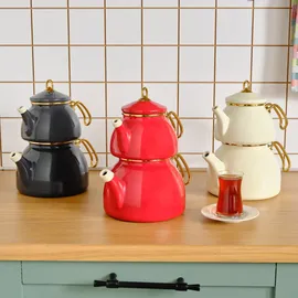 KARACA Retro Emaille Teekannen-Set Rot 1,1 l
