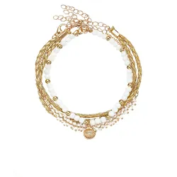 Fußketten Set LASCANA "3 einzelne Fußkettchen in Boho Stil", Damen, Gr. Glas-Metall-Lederimitat, weiß (altgoldfarben, weiß), Glas, Metall, Lederimitat, bunt, modisch, Fußkettchen, und Glasperlen, Fußkettchen mit Anhänger