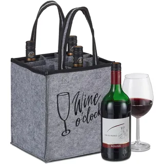 Relaxdays 2 x Flaschentasche, 9 Flaschen, Flaschenträger mit Spruch, HBT 45 x 24 x 24 cm, Filztasche Wein, Bier & Sekt, grau