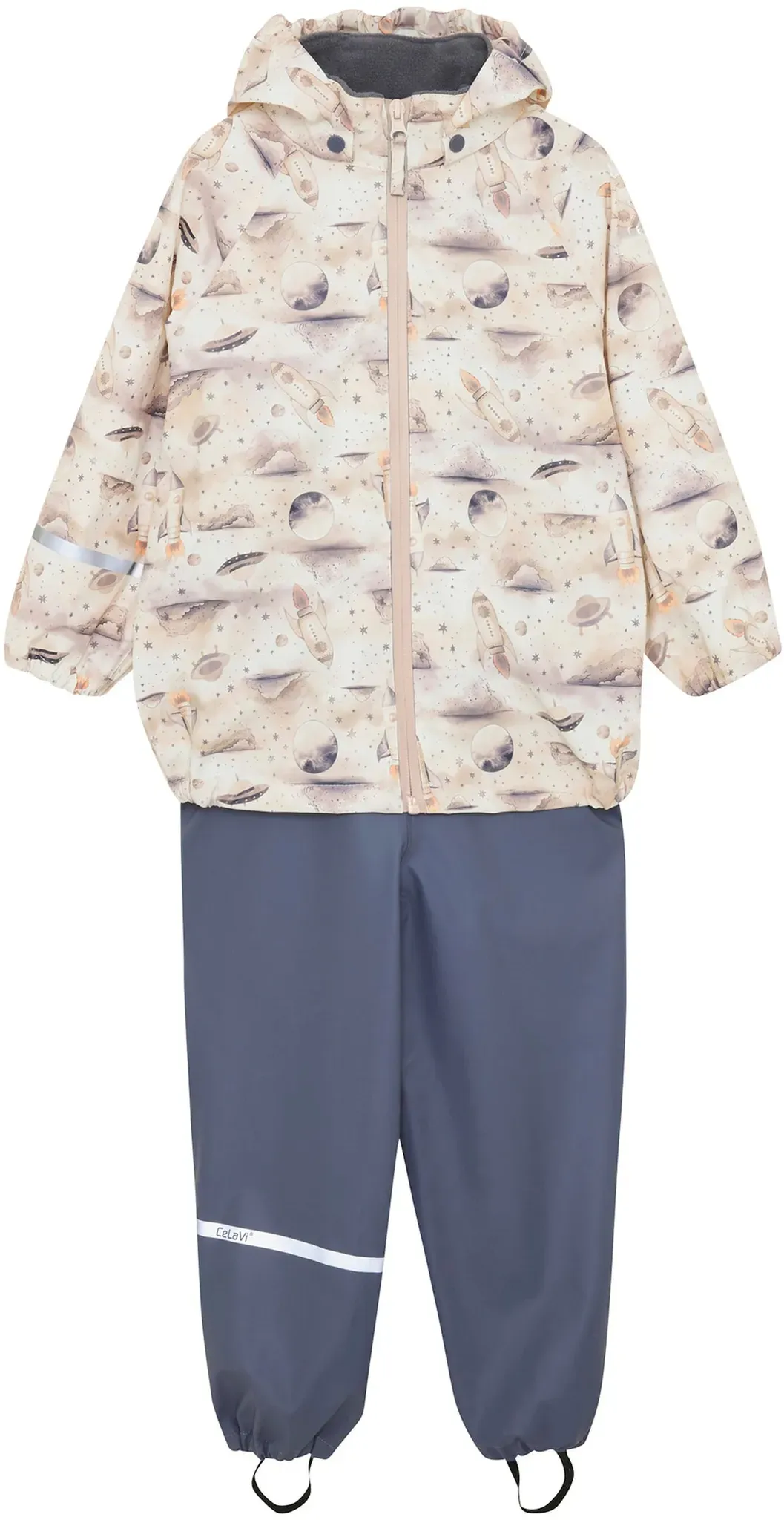 CeLaVi 2-tlg. Set Regenjacke und Regenhose Weltall, beige | blau, 110