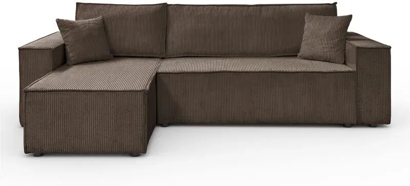 Universelle große L-förmige Polster Couch CARLOS (B 247 cm x T 143 cm), Braun Cordstoff, Ecksofa-Bett mit großem Schlafbereich 200x130 cm, Universelles Sofa für jeden Raum: Sitzhocker kann sowohl links als auch rechts positioniert werden