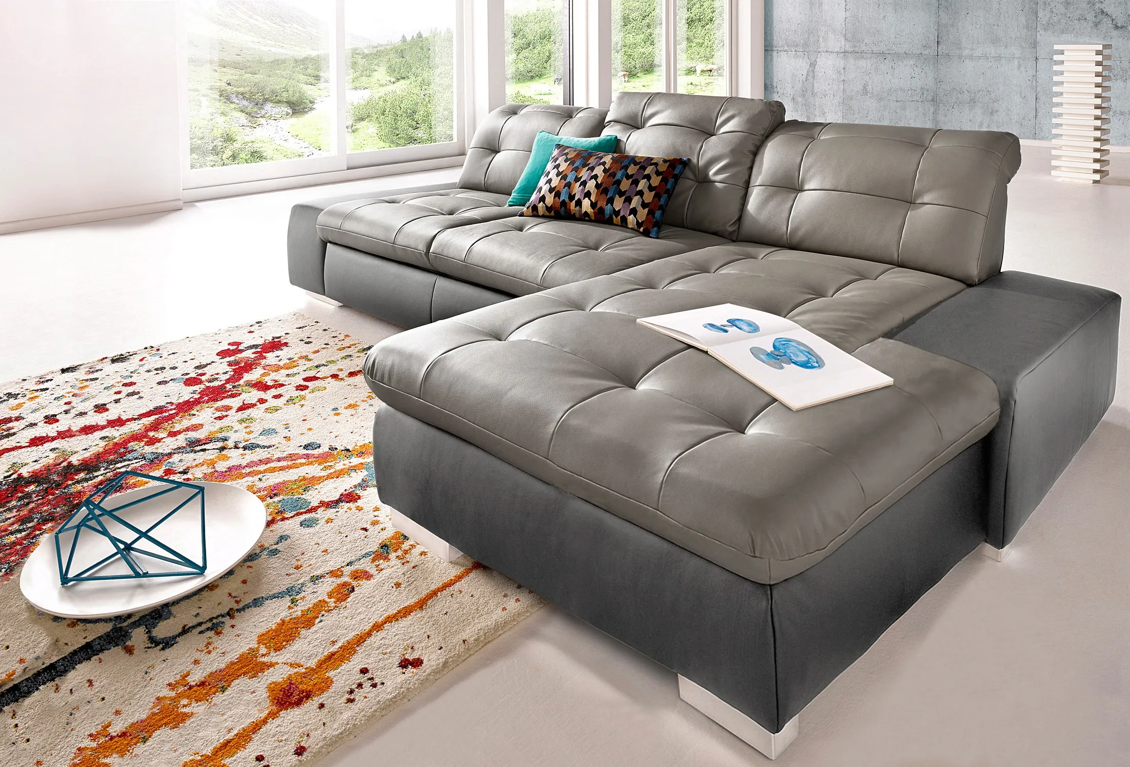 Ecksofa SIT & MORE "Palomino L-Form", grau (fango, delfin), B:284cm H:84cm T:109cm, Kunstleder SOFTLUX/Struktur (100% Polyester), Kunstleder SOFTLUX/Feinstruktur (100% Polyester), Kunstleder SOFTLUX/ NaturLEDER (echtes Rindsleder), Sofas, wahlweise XL oder XXL und mit Bettfunktion