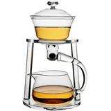 Mozeo Halbautomatisches Teeservice aus Glas, Teeservice aus Holz, Wasserumleitung, drehbare Abdeckung, Schüssel, Lazy Tea Maker Teekanne Kungfu Fu Teetasse (Glasklarer Griff, Teekanne A)