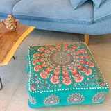 Türkis Pouf Ottomane Bezug mit Samtstickerei – weicher, bestickter Bodenkissen mit marokkanischem Design, 60cm Durchmesser, ideal für Wohnzimmer, Schlafzimmer oder Meditationsraum