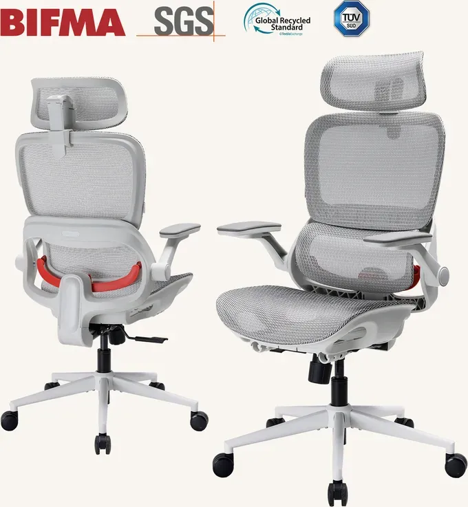 SIHOO B100 Ultra Ergonomischer Bürostuhl, Netz-Bürostuhl mit adaptiver Lendenwirbelstütze, Computerstuhl mit breiter Kopfstütze, Schreibtischstuhl mit 360° drehbaren klappbaren Armlehnen, Hellgrau