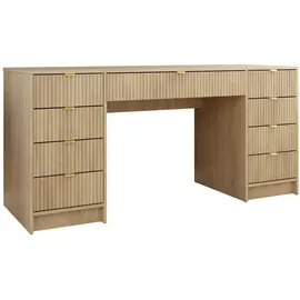 Mirjan24 Schreibtisch / Schminktisch Tireno Bis, Schlafzimmer Kosmetiktisch mit neun Schubladen, Goldfarben Aluminiumgriffe (Farbe: Eiche Cremona) - Braun