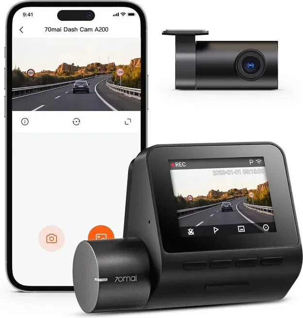 70mai Dashcam A200-1, Dual 1080P HDR Front- und Rückkamera, 60 FPS flüssige Aufnahme (vorne), 70mai Night Owl Vision, 130° Sichtfeld, 2'' IPS-Bildschirm, WiFi-App-Steuerung