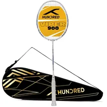 Hundred Viper 900 Carbon Fibre Strung Badminton Racket with Full Racket Cover (White/Blue) | for Intermediate Players | 79 Grams | Maximum String Tension - 32lbs