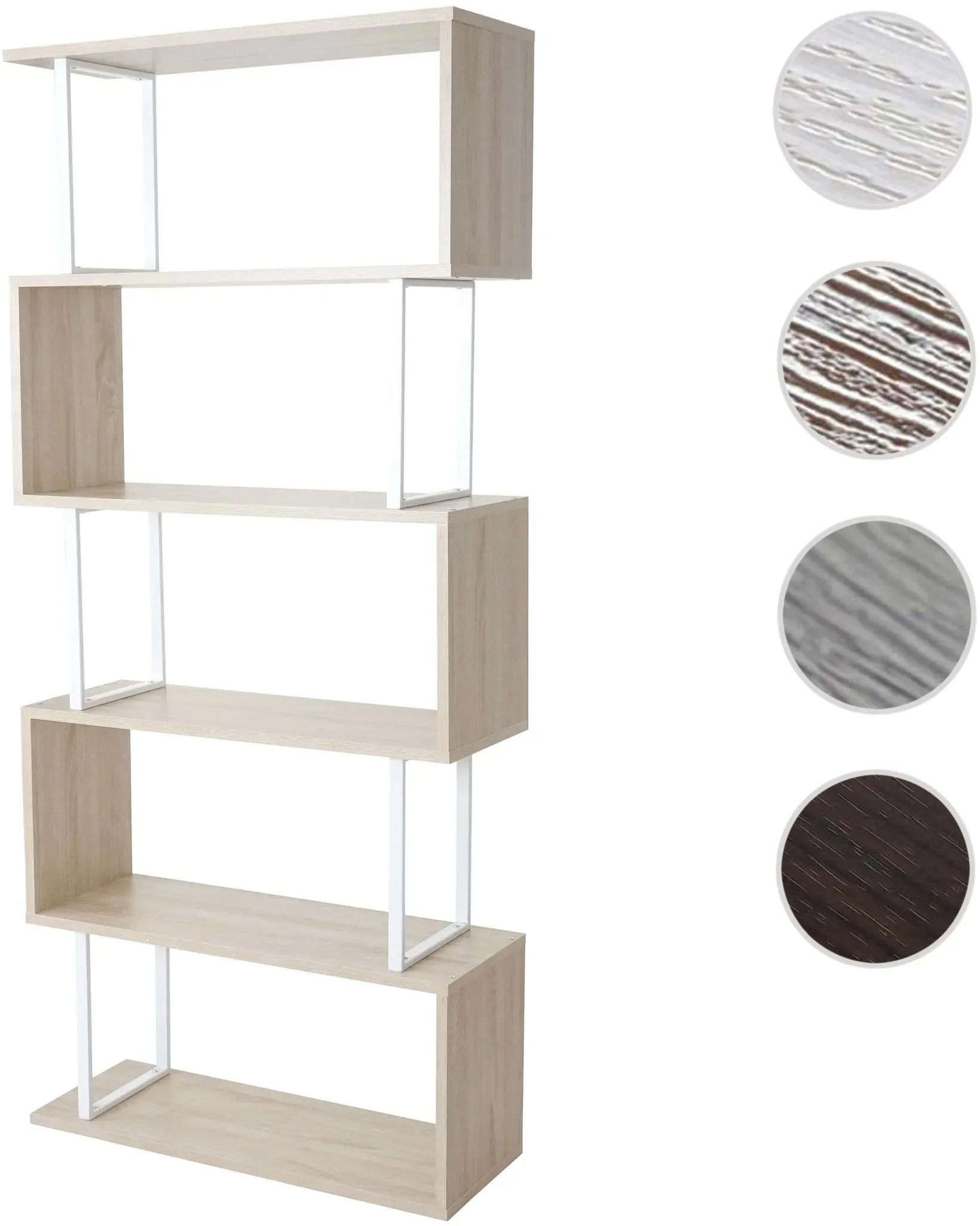 Bücherregal HWC-A27, Standregal Wohnregal, 183x80cm 3D-Struktur 5 Ebenen ~ Eiche-Optik, Metall weiß