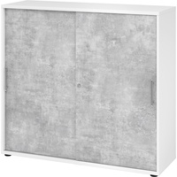 bümö Schiebetürenschrank "3OH" - Aktenschrank abschließbar, Sideboard Schrank mit Schiebetüren in Weiß/Beton - Büroschrank aus Holz mit Schiebetür,