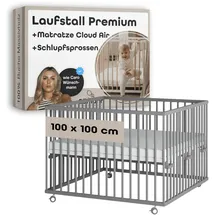 Sämann Laufgitter mit Matratze Cloud Air | Schlupfsprossen | grau | Premium | Gr.: 100x100 cm)