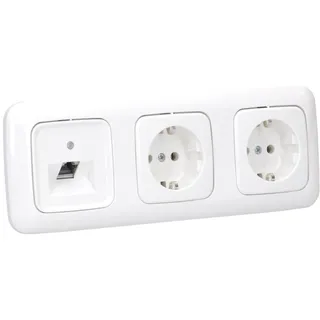 Busch-Jaeger Reflex SI Set: 1x Rutenbeck Anschlussdose flex 136104030 mit Zentralscheibe + 2x 20 EUC-214 SCHUKO® Steckdosen-Einsatz + 1x 2513-214 3-fach Rahmen Alpinweiß