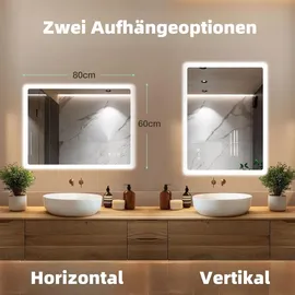 gimbelen Badspiegel mit Beleuchtung Led Spiegel Bad mit Touch-Schalter, 3 Lichtfarben, Dimmbar, Antibeschlag, Explosionsgeschütztes Glas, IP44, für Montage Horizontal/Vertikal