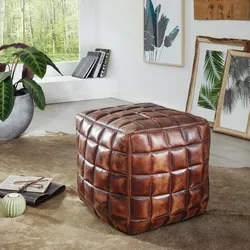 Kadima Design Echtleder Sitzhocker, abgesteppte Quadrate, Braun, Used-Look. 39x39x41 cm