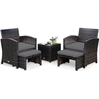 COSTWAY 5er Set Rattan Möbel Balkonset Gartenmöbel mit Sitzkissen und Ottomane für In- und Outdoor Grau - Grau