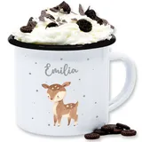 Emaille Tasse Blechtasse - Süßes Reh - 300 ml - Weiß Schwarz - tiere rehkitz name becher tier waldtiere tassen tieren tiermotiv blechtassen personalisierte kinder geschenke kindergarten rehe