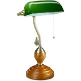 Relaxdays Bankerlampe mit Zugschalter, neigbarer Glasschirm, Holzfuß, Retro Design, E27-Fassung, Schreibtischlampe, grün, 10034424, 45 x 27 x 17 cm