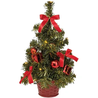 IDENA Weihnachtsbaum mit 20 LED Warmweiß, ca. 35 cm hoch, mit rotem Baum-Schmuck im Topf, mit 6 Stunden Timer, batteriebetrieben,
