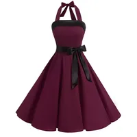 Timormode Damen Vintage Cocktailkleid Knielang Neckholder Swing Retro Rockabilly Kleid XXL Burgundy - XXL