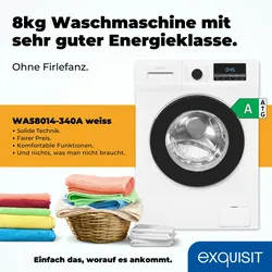Exquisit Waschmaschine 8kg, Energieeffizienzklasse A, max. 1400 U/Min, Schnellprogramm, Aquastop, ECO, 16 Waschprogramme, WA58014-340A weiss