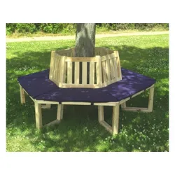 Rundbank Holzdorf - 205 x 178 x 90 cm - Farbe: Honigbraun (Bank) / Blau (Sitzauflage) - runde Baumbank aus Kiefernholz - Lieferung inkl. Sitzauflage