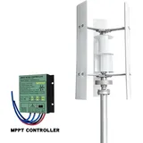 Vertikale Windturbine 5000W 12V - Windgenerator Haushalt - Leise - 3 Rotorblätter - Anlaufwind 1,5 m/s - Off-Grid mit MPPT-Laderegler - Weiß - Weiß