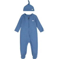 Neugeborenen-Geschenkset LEVI'S KIDS "LVN FOOTED COVERALL & HAT SET", Baby, Gr. 3 (68), blau (atlantic htr), Jersey, Obermaterial: 100% Baumwolle, casual, KOB Set-Artikel, UNISEX