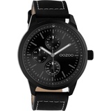 Oozoo Armbanduhr schwarz Analog, Herrenuhr rund, groß (ca. 45mm) Lederarmband, Casual-Style schwarz