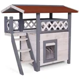 lionto Katzenhaus mit Terrasse und Treppe, Outdoor Lodge für Katzen aus robustem Holz bietet Schutz vor Witterung, 77x50x73 cm, PVC-Lamellen schützen vor Wind, Montageanleitung mitgeliefert, grau/weiß