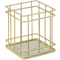 Relaxdays Stiftehalter eckig, modern, Pinselhalter Kosmetik, Draht, Stiftebecher Schreibtisch, HBT: 10 x 9 x 9 cm, gold
