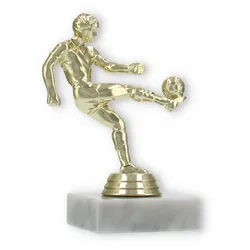 Pokal Kunststofffigur Fußballspieler gold auf weißem Marmorsockel 13,0cm