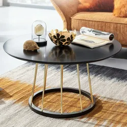 Kadima Design Couchtisch, Eleganter Schwarzer und Goldener Wohnzimmertisch, Robuste Metallstruktur, Große Ablagefläche. 80x80x42 cm