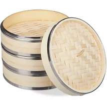 Relaxdays Bambus Dampfgarer, 3 Etagen, mit Metallringen, asiatischer Dampfkorb für Reis, Dim Sum, Gemüse, Ø 24 cm, Natur,