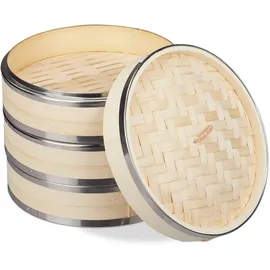 Relaxdays Bambus Dampfgarer, 3 Etagen, mit Metallringen, asiatischer Dampfkorb für Reis, Dim Sum, Gemüse, Ø 24 cm, Natur,