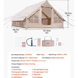Vevor Aufblasbare Zelte für Camping 4x3x2 m, 5–8 Personen, 300D Oxford Glamping-Zelt mit Ofenanschluss, Handpumpe 2 Türen & 4 Netzfenstern, inkl. Aufbewahrungstasche für einfachen Transport