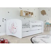 Bjird Kinderbett Jugendbett 80x180 Weiß mit Rausfallschutz Schublade und Lattenrost Kinderbetten für Mädchen und Junge - Einhorn