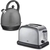 KHG Retro Frühstücksset | Toaster 2 Scheiben mit Brötchenaufsatz, 7 Bräunungsstufen 850W | Wasserkocher 1,7 Liter mit Abschaltautomatik 2200W | 2-teilig Anthrazit