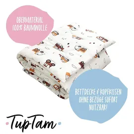 TupTam Kinder Gemusterte Bettdecken Set Ganzjahresdecke Bettdecke Kopfkissen Flachkissen 2tlg., Farbe: Bagger Beige, Größe: 135x100 cm