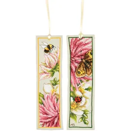 Lanarte Kreuzstich Stickpackung Lesezeichen Rosa Seidendahlie, Marjolein Bastin, 2er-Set, Zählmuster, 6x20cm