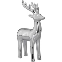 Große stehende Porzellan Deko Rentier Figur - silbern glänzende Hirsch Geweih Weihnachts-Deko zum Hinstellen Höhe 20 cm