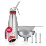 iSi - Gourmet Whip Sahnespender 1L + 6 x 10 Sahnekapseln + Edelstahltüllen + Trichter + Sieb + Whipper Verschlusskappe im Bundle – Sahnesprüher aus 100% Edelstahl für Sahne, Suppen, Espumas & Desserts