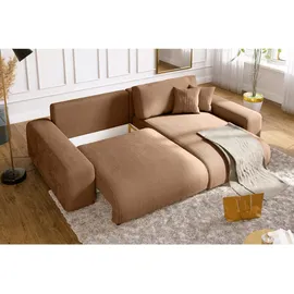 luma-home Cord Ecksofa Schlaffunktion ausziehbar Bettkasten Polsterecke L-Couch Hell-Braun & Hellbraun