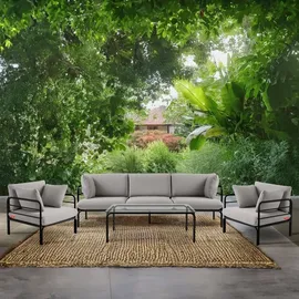 Konsimo Gartenmöbelset RAMBE 4-tlg. 1x Tisch 2x Sessel 1x Sofa 3-Sitzer, mit Auflage, Stahlrahmen, LOFT-STIL, Anthrazit/Hellgrau - Dunkelgrau