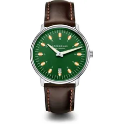 Herrenuhr mit Lederarmband, floureszierenden Zeigern und Indizes, mit Datumsanzeige - Sternglas Modell: S01-EG08-BR03