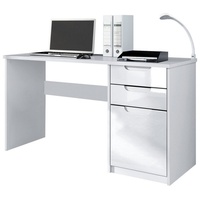 Vladon Schreibtisch Logan, Germany, Bürotisch mit 2 Schubladen und 1 Tür, Weiß matt/Weiß Hochglanz (129 x 76 x 60 cm)