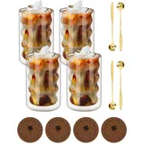 Latte Macchiato Gläser Set mit 4 Löffeln und 4 Untersetzern, 350ml Doppelwandige Gläser aus Borosilikatglas als Latte Macchiato Gläser Thermogläser Kaffeegläser Doppelwandig - sicher & hitzebeständig