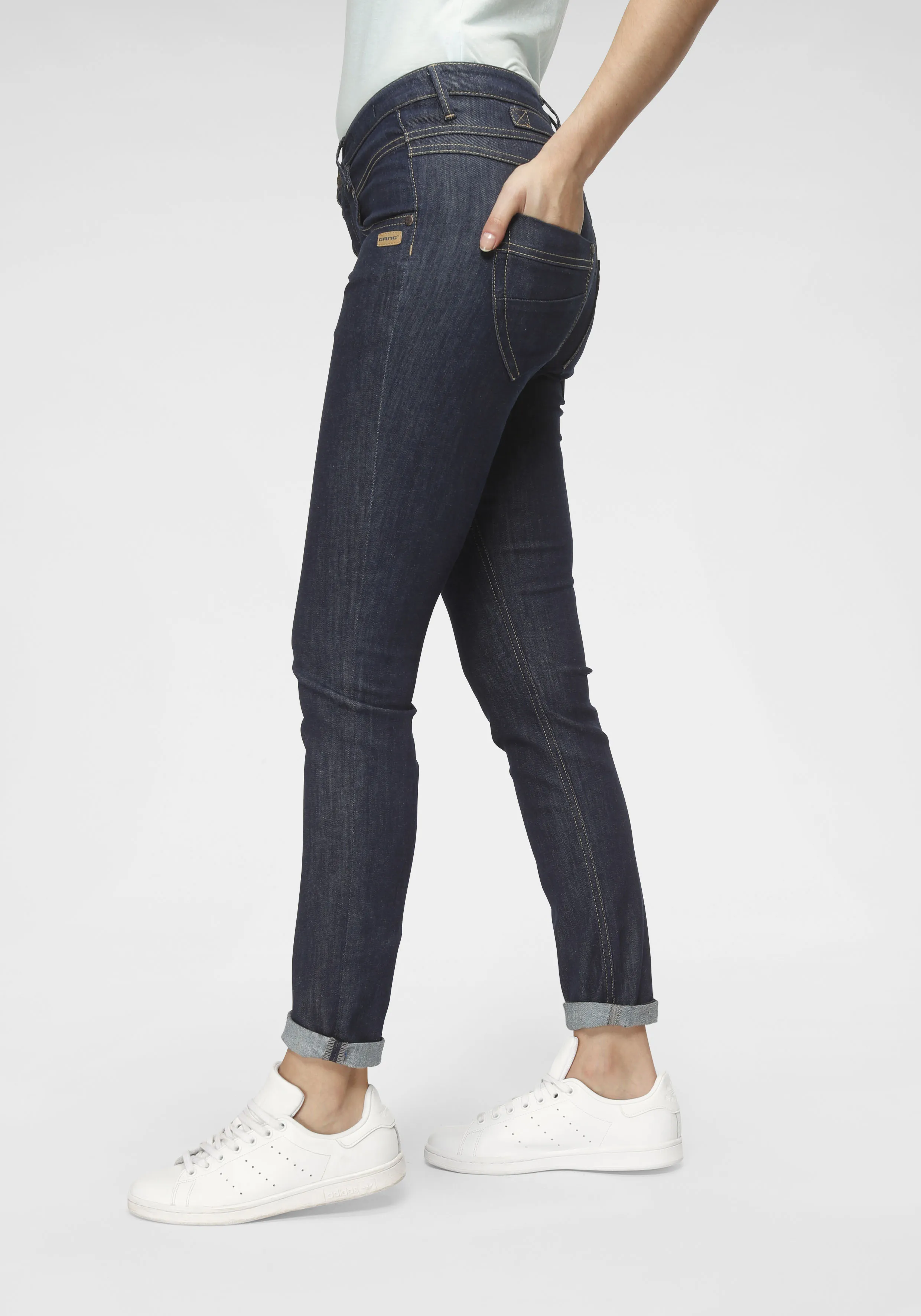 Skinny-fit-Jeans GANG "94Medina" Gr. 32, N-Gr, blau (rinsed) Damen Jeans Röhrenjeans mit stylischer halb offener Knopfleiste